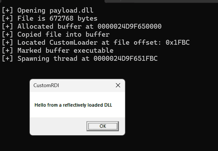 MessageBox popup from the demo payload DLL after successful reflective loading