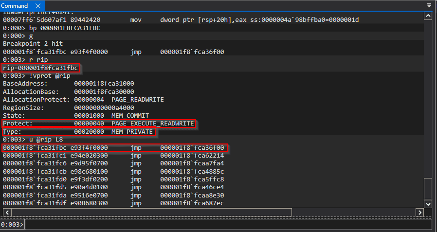 WinDbg showing RIP inside the raw DLL blob at the start of CustomLoader, before the backwards MZ walk begins