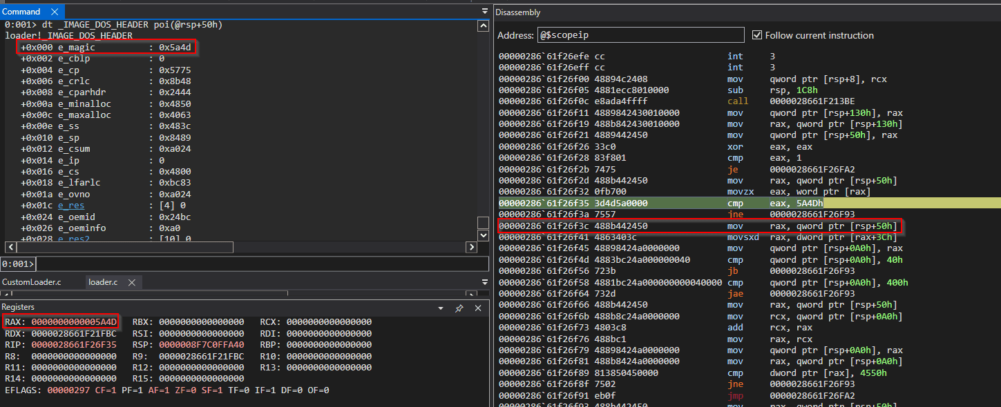 WinDbg showing the MZ signature check succeeding on a candidate address during the backwards walk