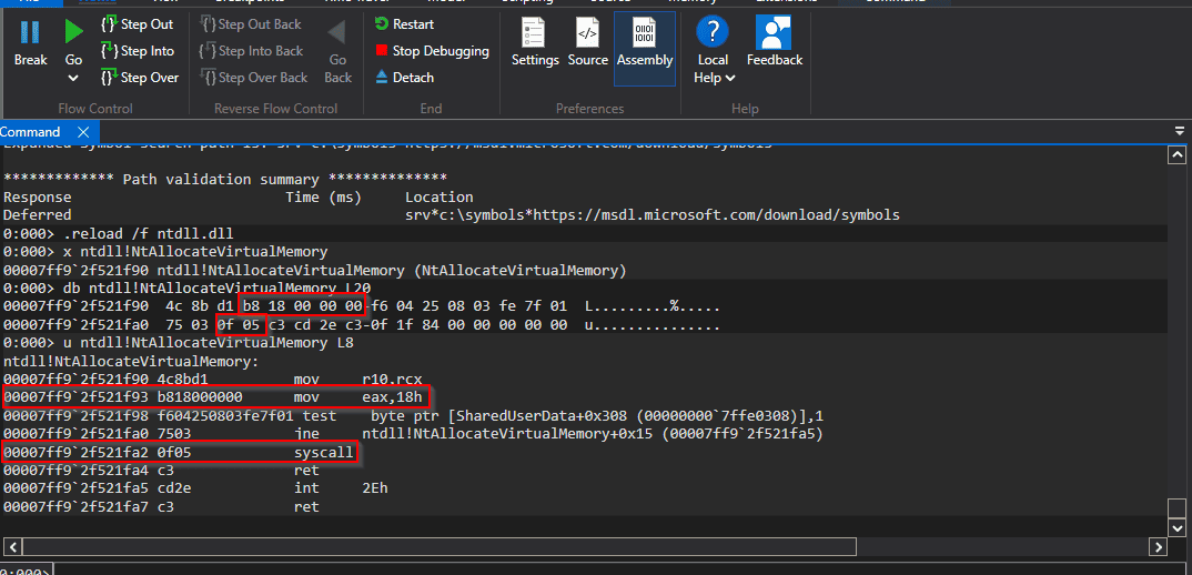 WinDbg showing the extraction of syscall number and syscall instruction address from an ntdll stub