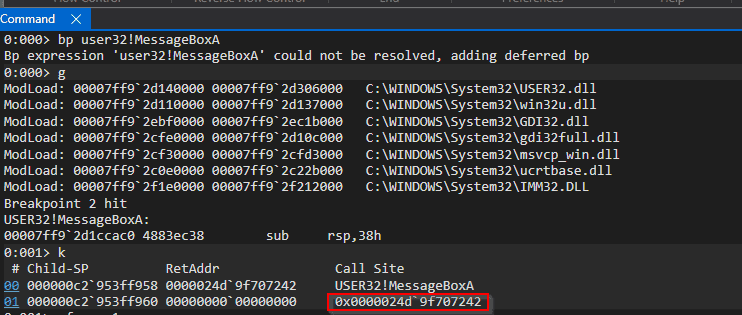 WinDbg callstack from a breakpoint on MessageBoxA showing the return address inside the mapped image