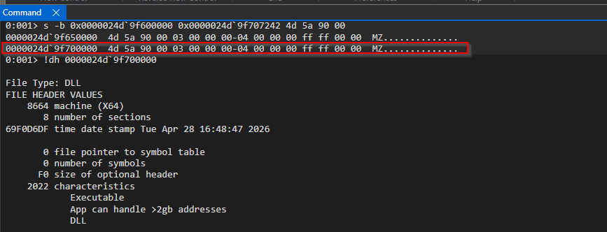 WinDbg search for MZ header showing the mapped image base and the original raw blob base