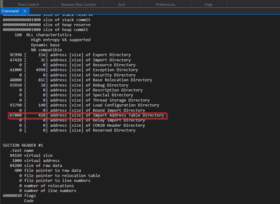 WinDbg !dh output showing PE data directories including the IAT RVA and size