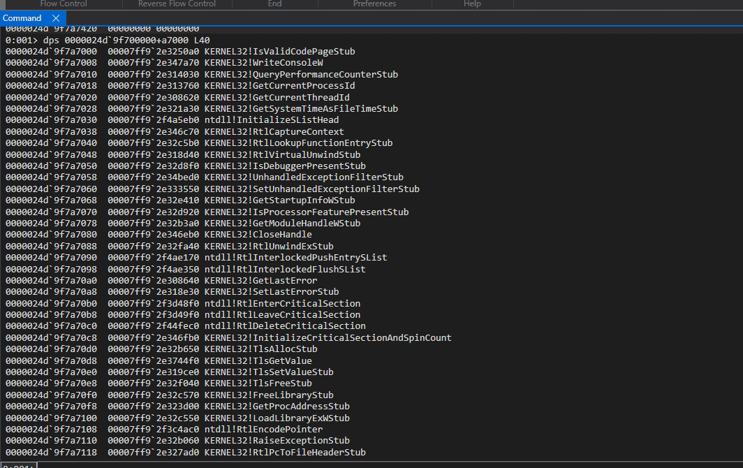 WinDbg dps dump of the IAT showing all slots resolved to real kernel32 and ntdll functions