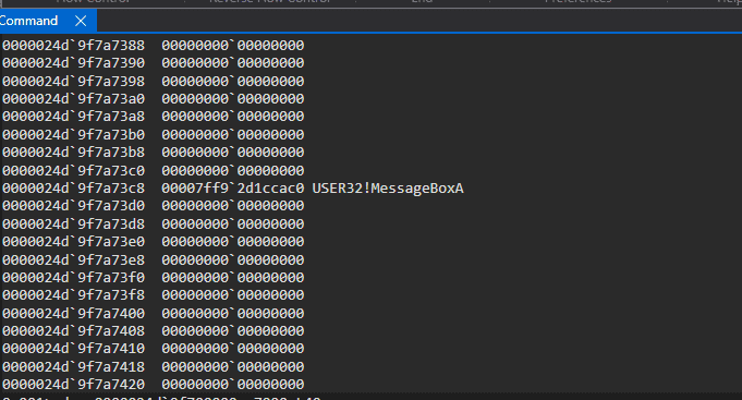 WinDbg showing USER32!MessageBoxA resolved in the IAT via the LdrLoadDll fallback path